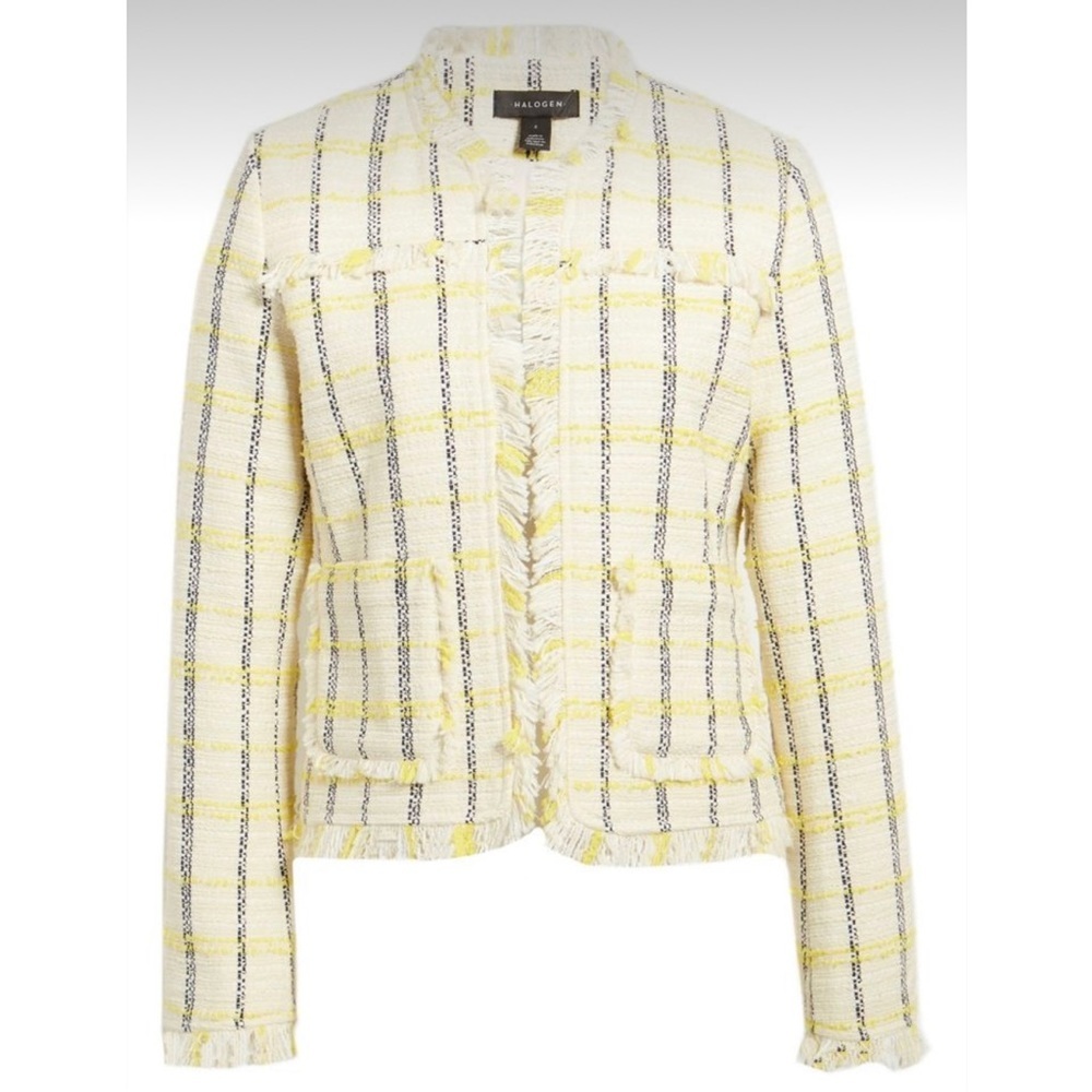 Halogwn Check Tweed Fringed Jacket Yellow/White/Black, size Medium